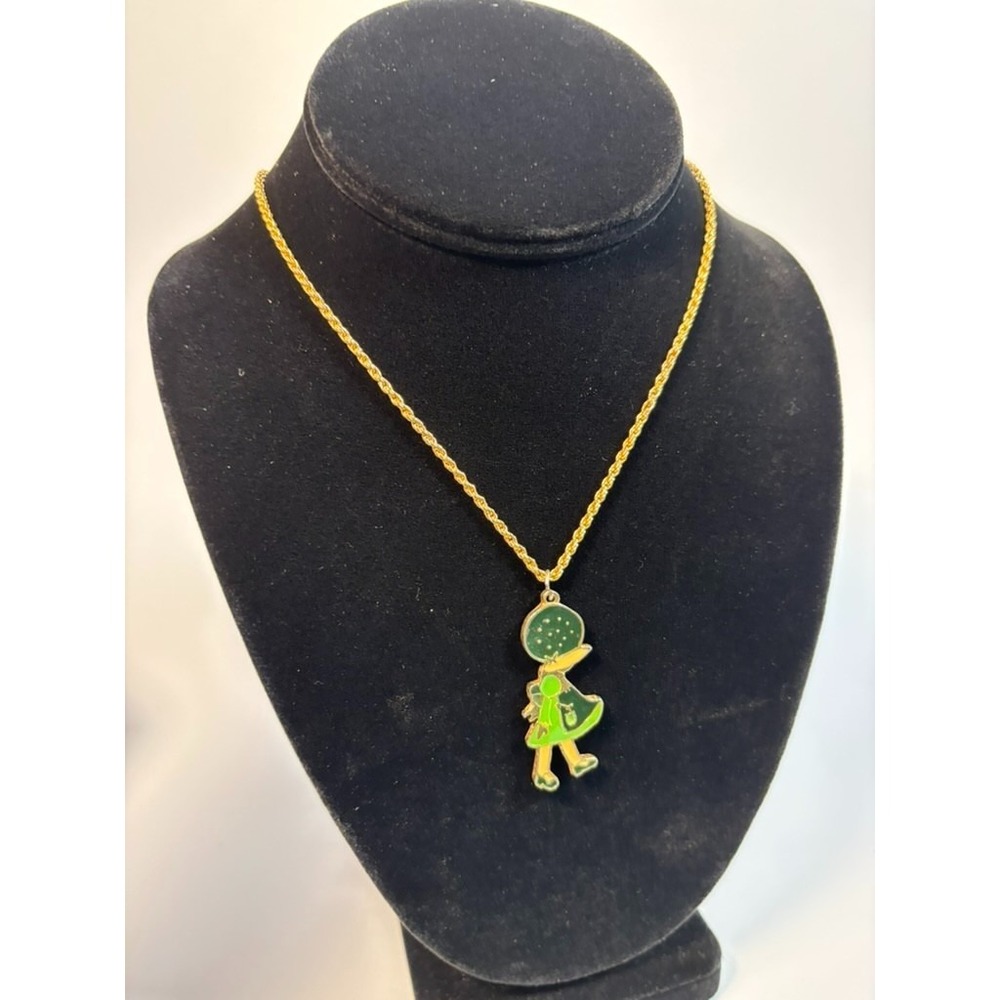 Vintage Pendant Necklace Rafaelian Bonnett Girl Green April Enamel on Gold Tone - Picture 3 of 6